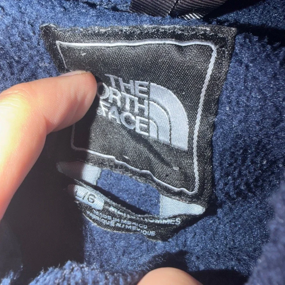 The North Face Denali Hooded Fleece Jacket Navy Blue Grey Mens Large Full Zip